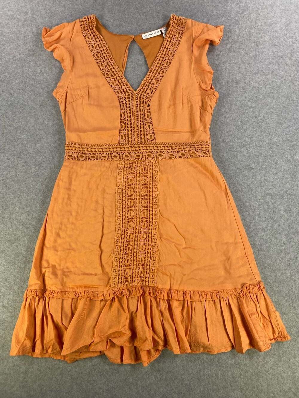 Sincerely Jules Women's Orange Sleeveless Mini Dress with Crochet Trim and Ruffl